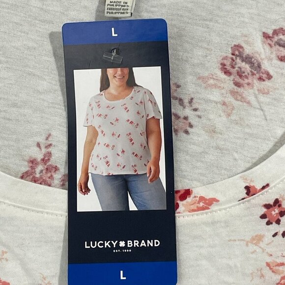 NEW Lucky Brand Womens L Floral Print T-Shirt White & Red Cotton/Modal - Picture 4 of 7
